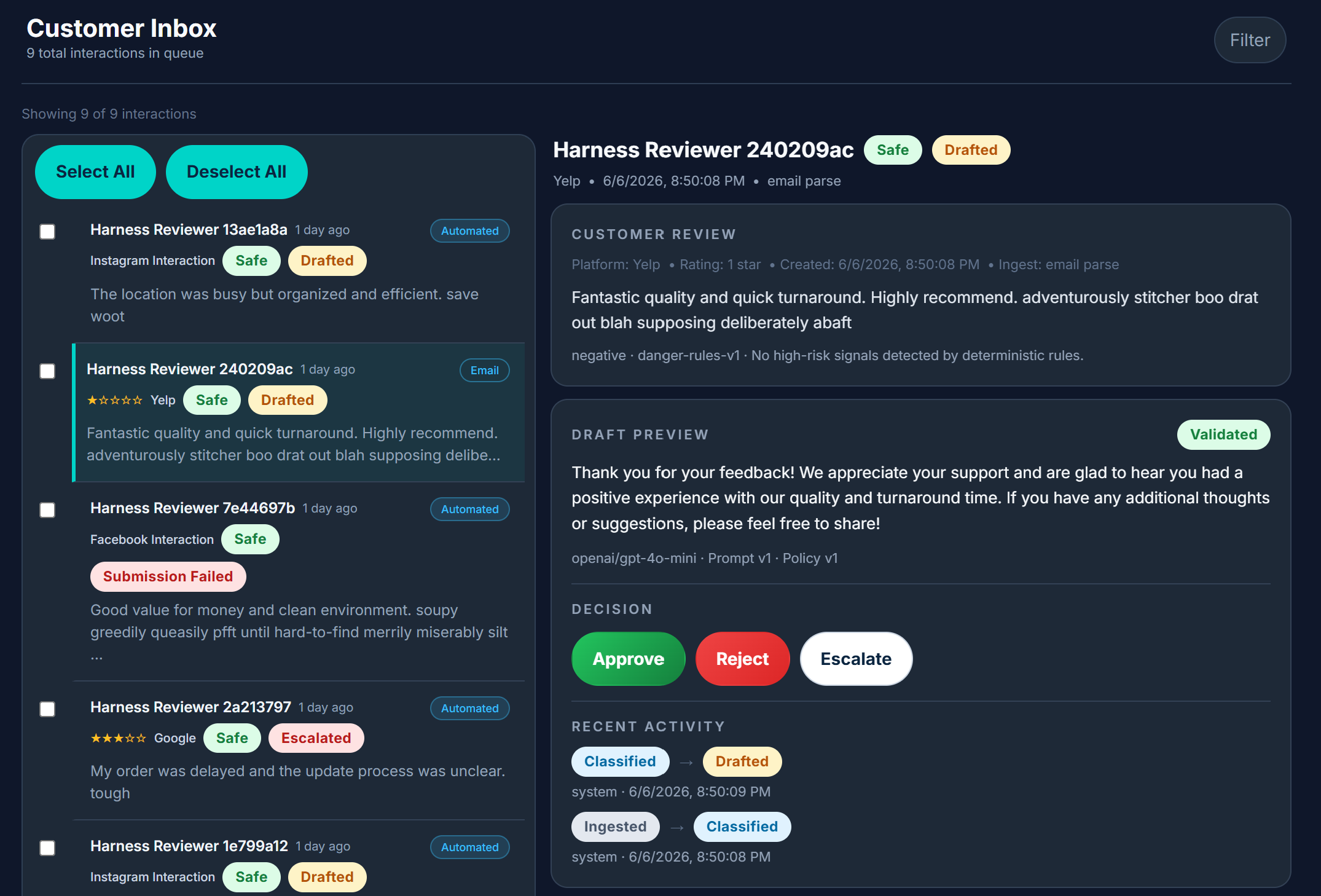 ReflexReview central inbox showing cross-platform reviews, comments, and DMs